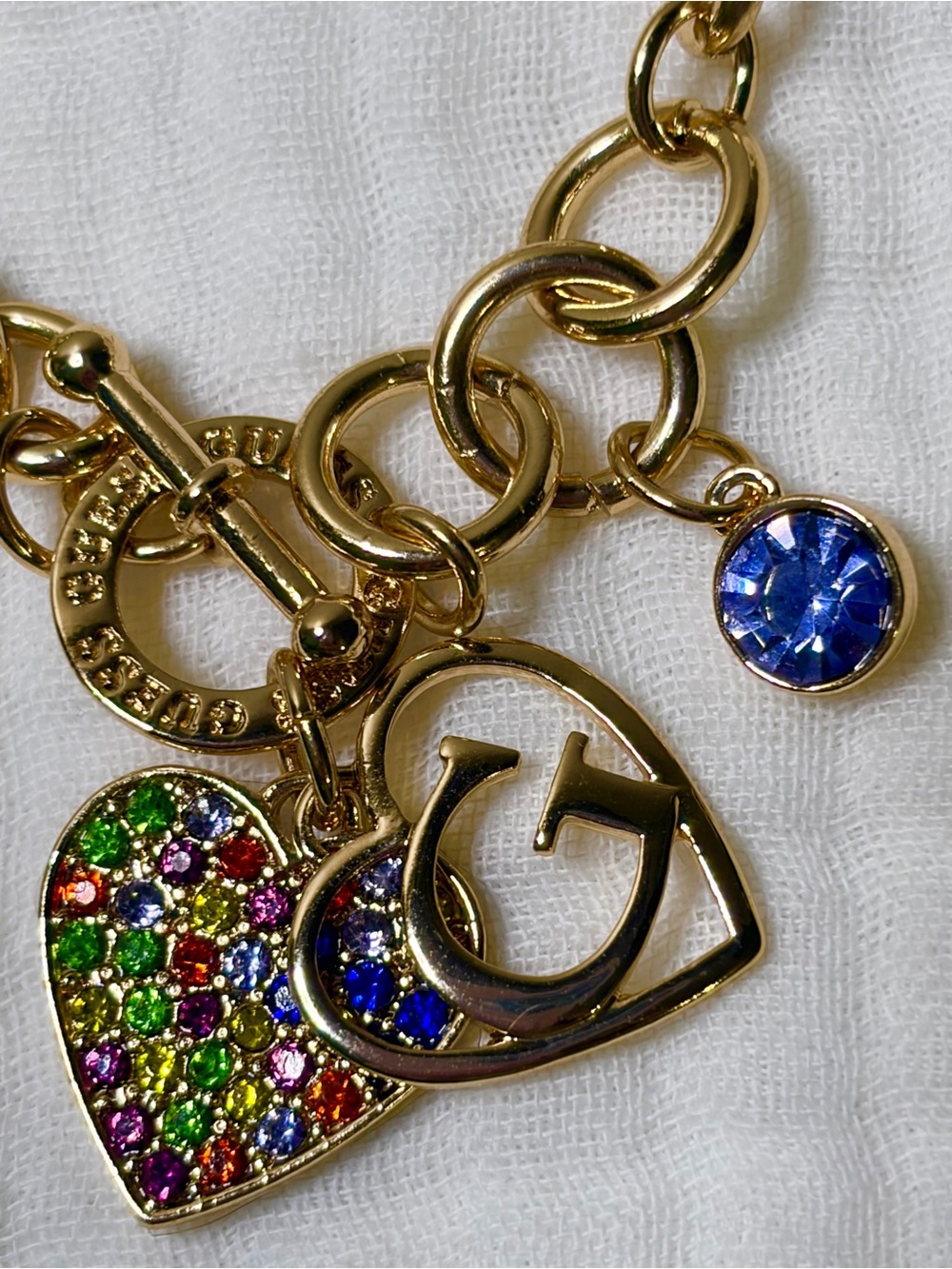 Guess Gold-Tone Rainbow Pave’ Double Heart Charm Bracelet NWOT